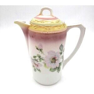 Antique German 8" Chocolate  Tea Pot With Lid Pink Rose Pattern Gold Trim